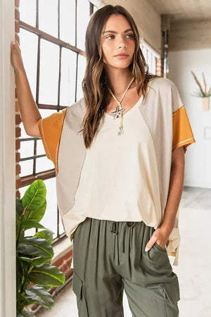 Color Block V-Neck Short Sleeve T-Shirt - minbolu -