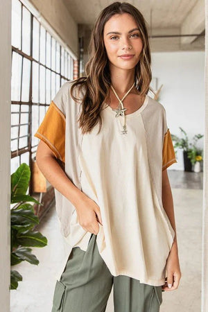 Color Block V-Neck Short Sleeve T-Shirt - minbolu -