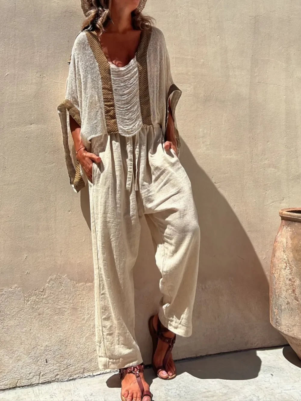 Contrast Scoop Neck Knit Cover Up - minbolu -