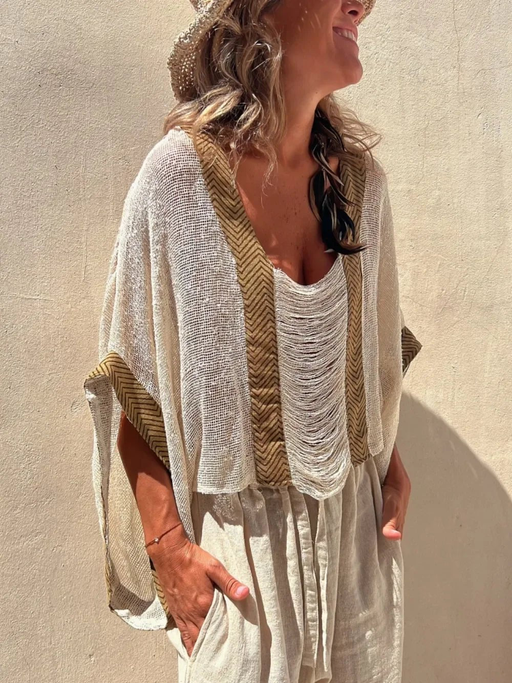 Contrast Scoop Neck Knit Cover Up - minbolu