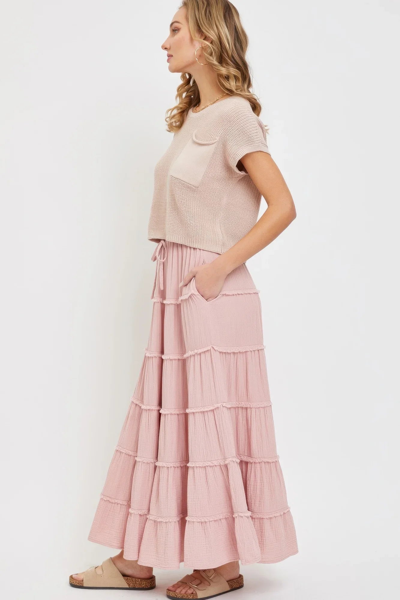 Cotton Gauze Tiered Maxi Skirt - minbolu
