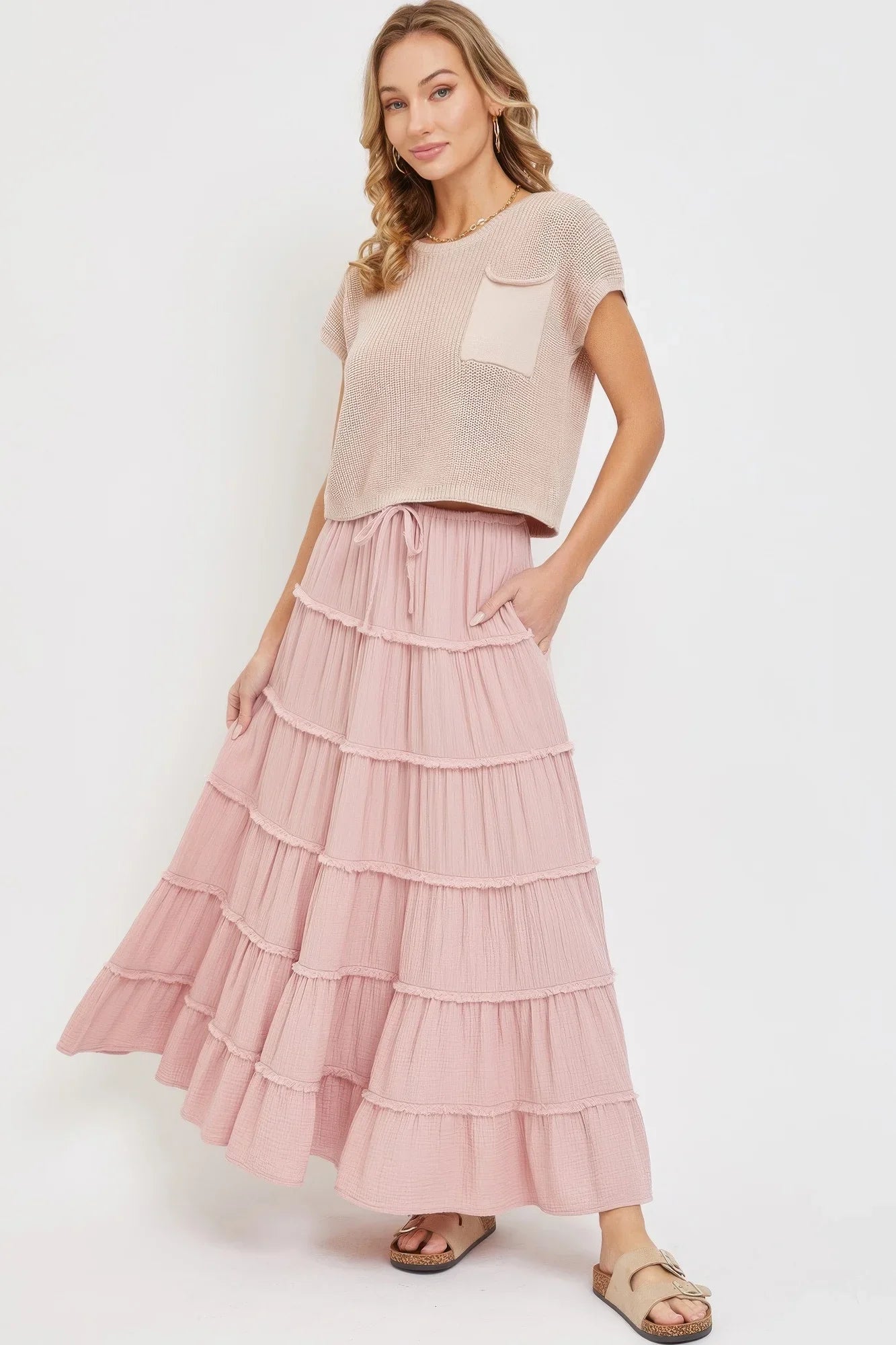 Cotton Gauze Tiered Maxi Skirt - minbolu
