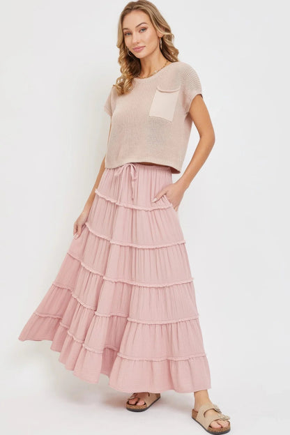 Cotton Gauze Tiered Maxi Skirt - minbolu