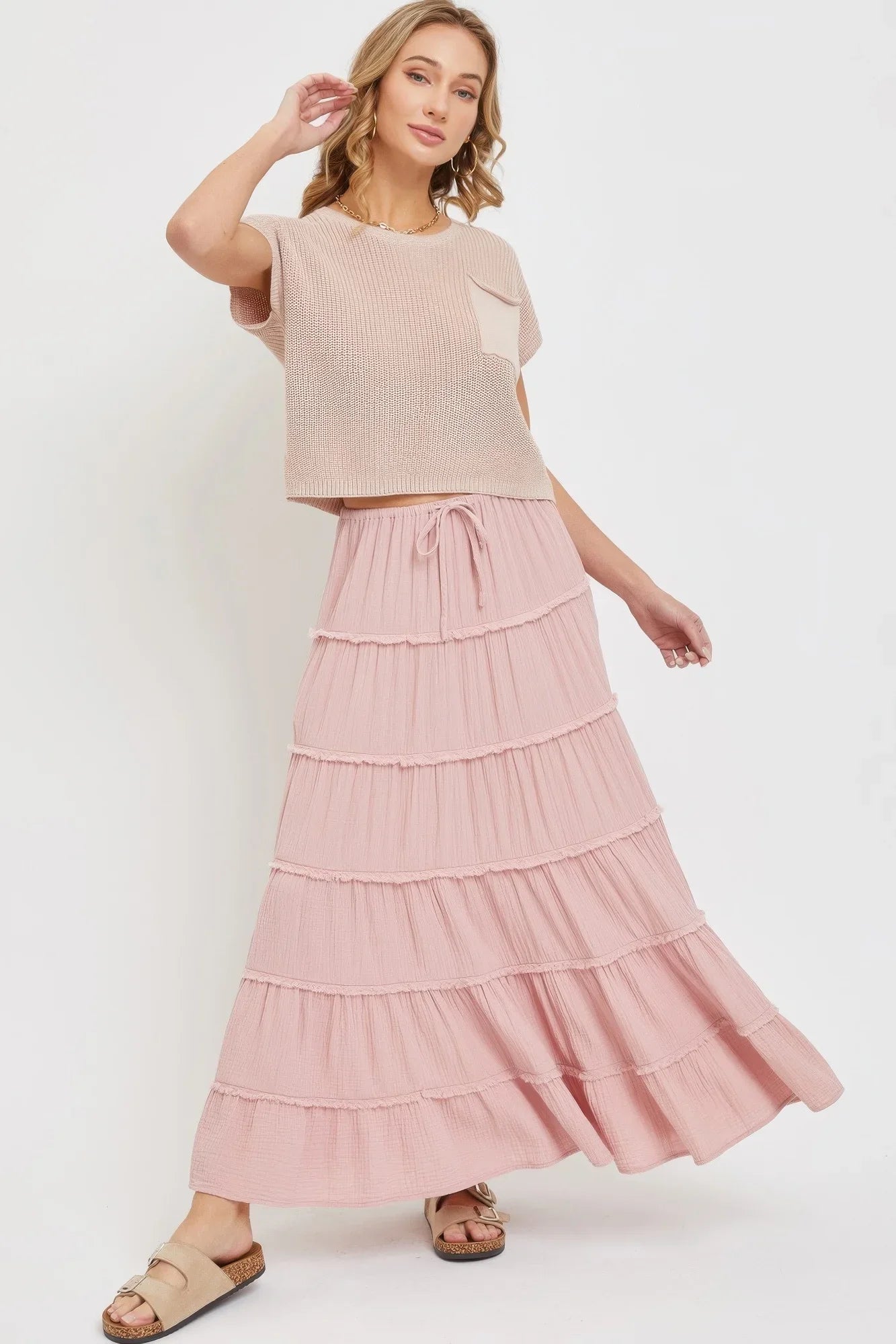 Cotton Gauze Tiered Maxi Skirt - minbolu