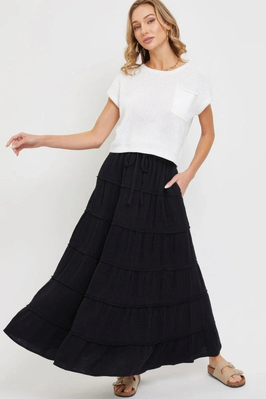 Cotton Gauze Tiered Maxi Skirt - minbolu -