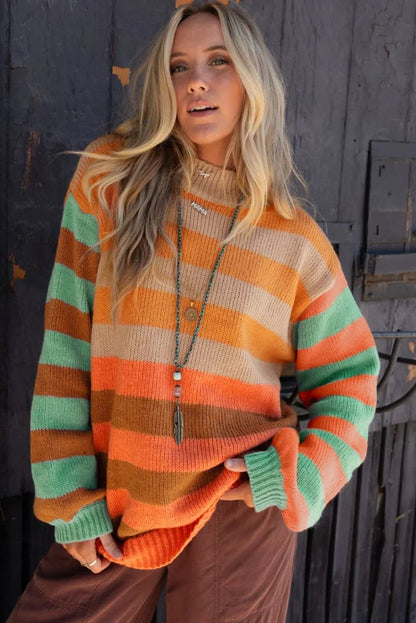 Orange Striped Colorblock High Neck Drop Shoulder Cozy Sweater - minbolu -