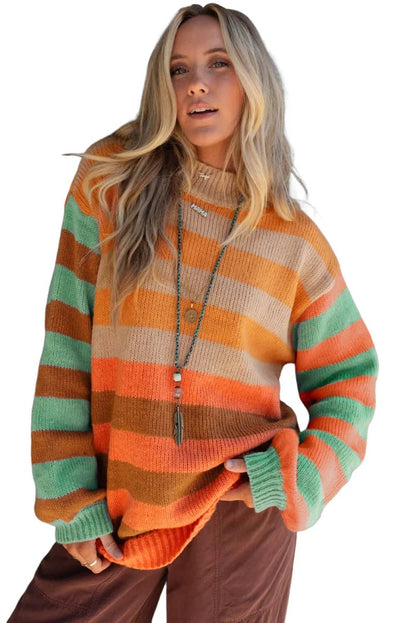 Orange Striped Colorblock High Neck Drop Shoulder Cozy Sweater - minbolu -