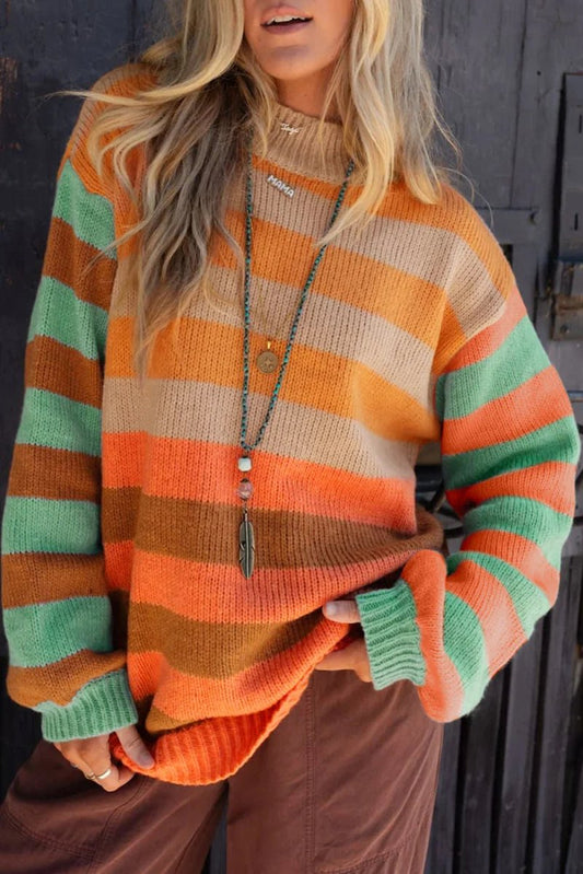 Orange Striped Colorblock High Neck Drop Shoulder Cozy Sweater - minbolu -