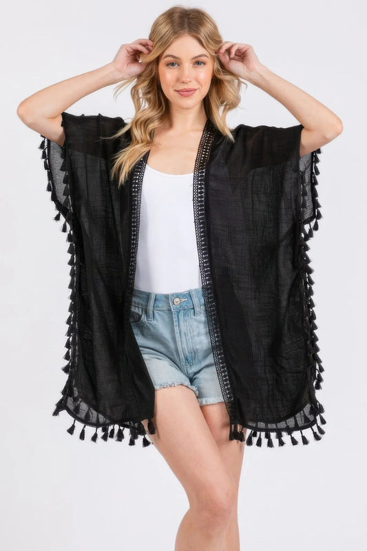 Crochet And Tassel Trim Cover Up - minbolu -