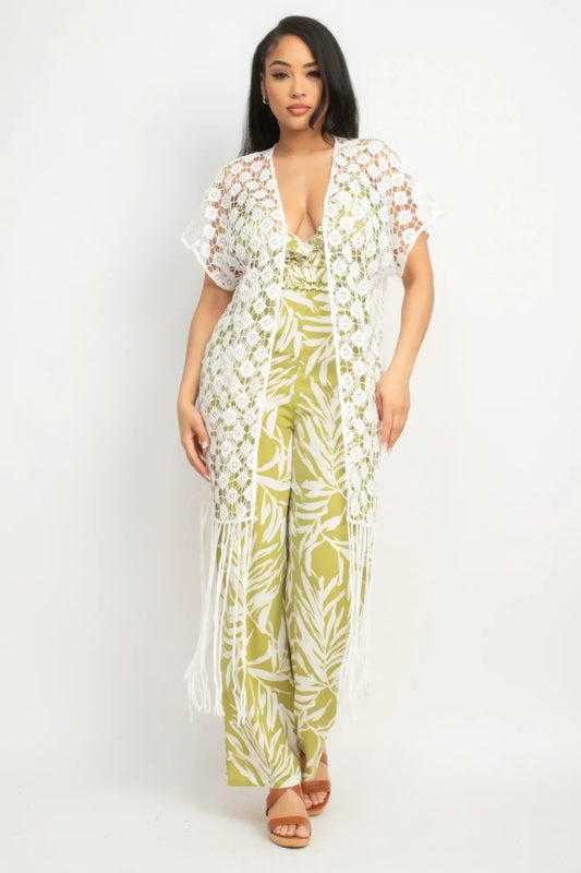 Crocheted Open - front Fringe Kimono - minbolu