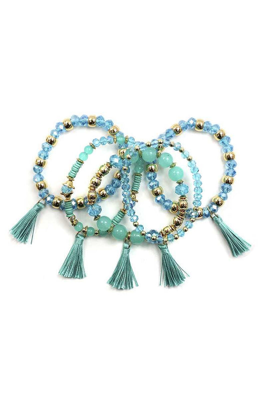 Crystal Stone Ball Bead Tassel Stretch Bracelet Set - minbolu -