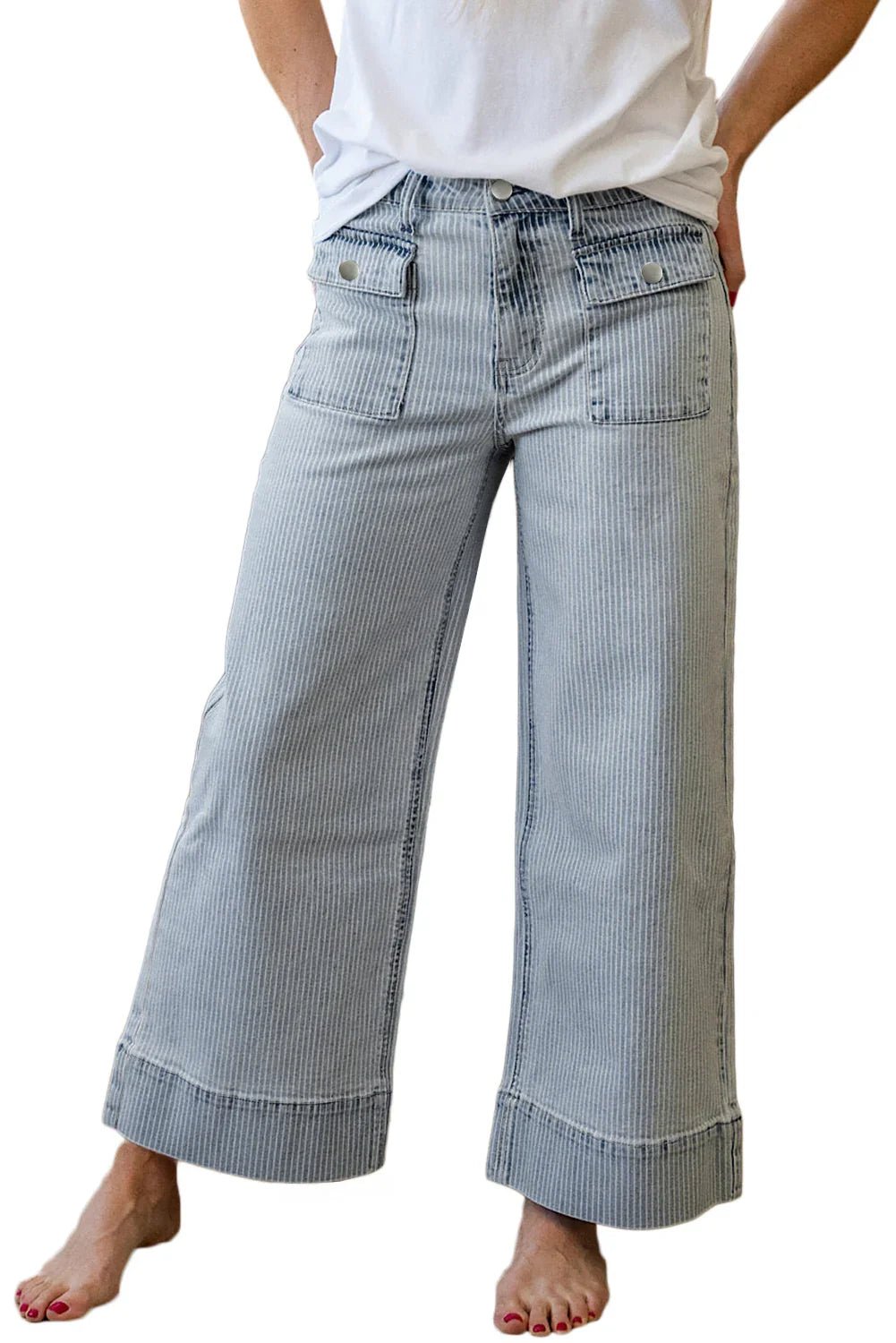 Cuffed Hem Jeans - Sky Blue Striped Wide Leg with Pockets - minbolu