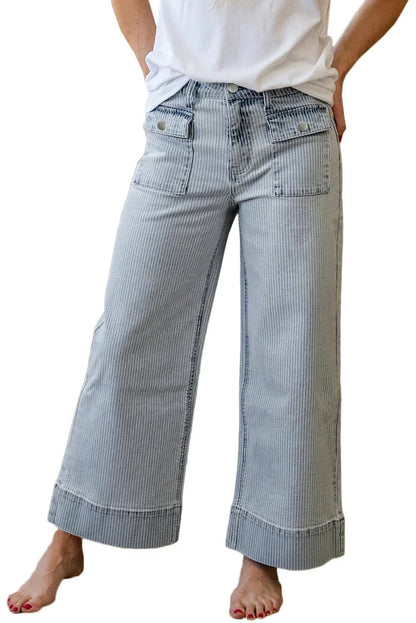 Cuffed Hem Jeans - Sky Blue Striped Wide Leg with Pockets - minbolu