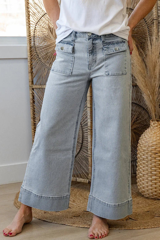 Cuffed Hem Jeans - Sky Blue Striped Wide Leg with Pockets - minbolu