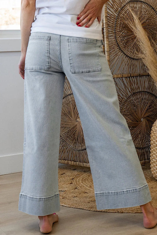 Cuffed Hem Jeans - Sky Blue Striped Wide Leg with Pockets - minbolu -