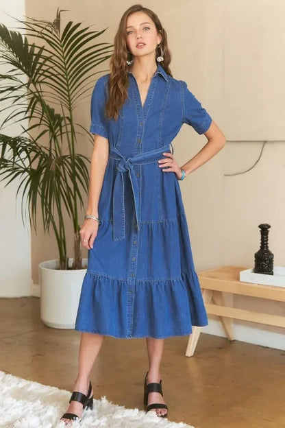 ADORA Tiered Button Down Denim Dress - minbolu -
