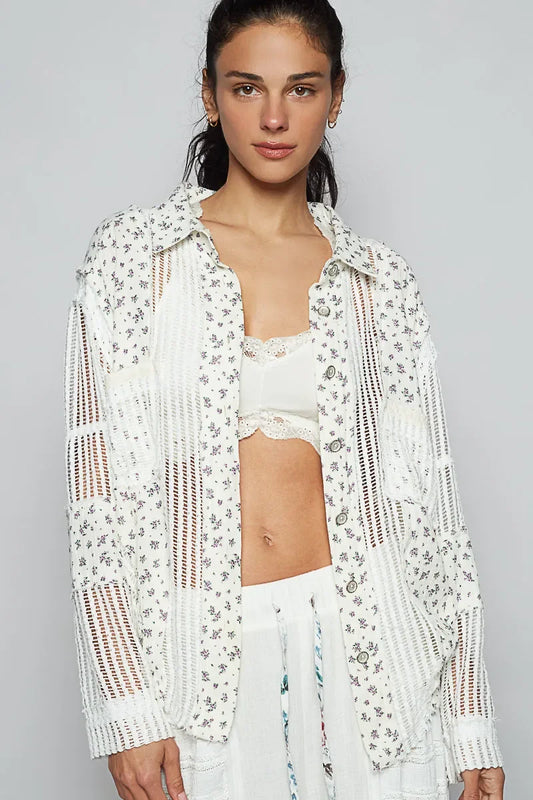 POL Floral Crochet Patchwork Long Sleeve Shirt - minbolu -