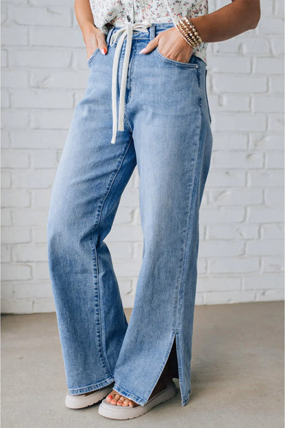 Myosotis Side Slit High Rise Drawstring Casual Jeans - minbolu -