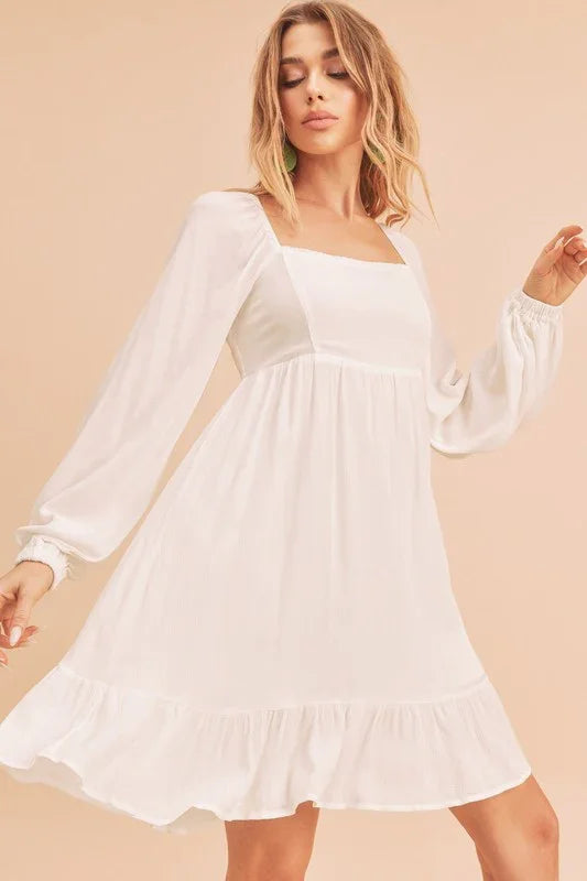 Ruffled Hem Square Neck Mini Dress - minbolu -