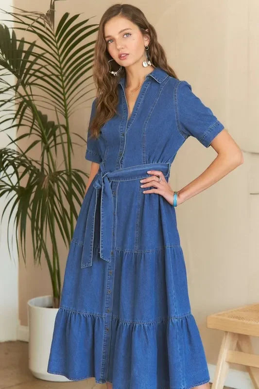 ADORA Tiered Button Down Denim Dress - minbolu -