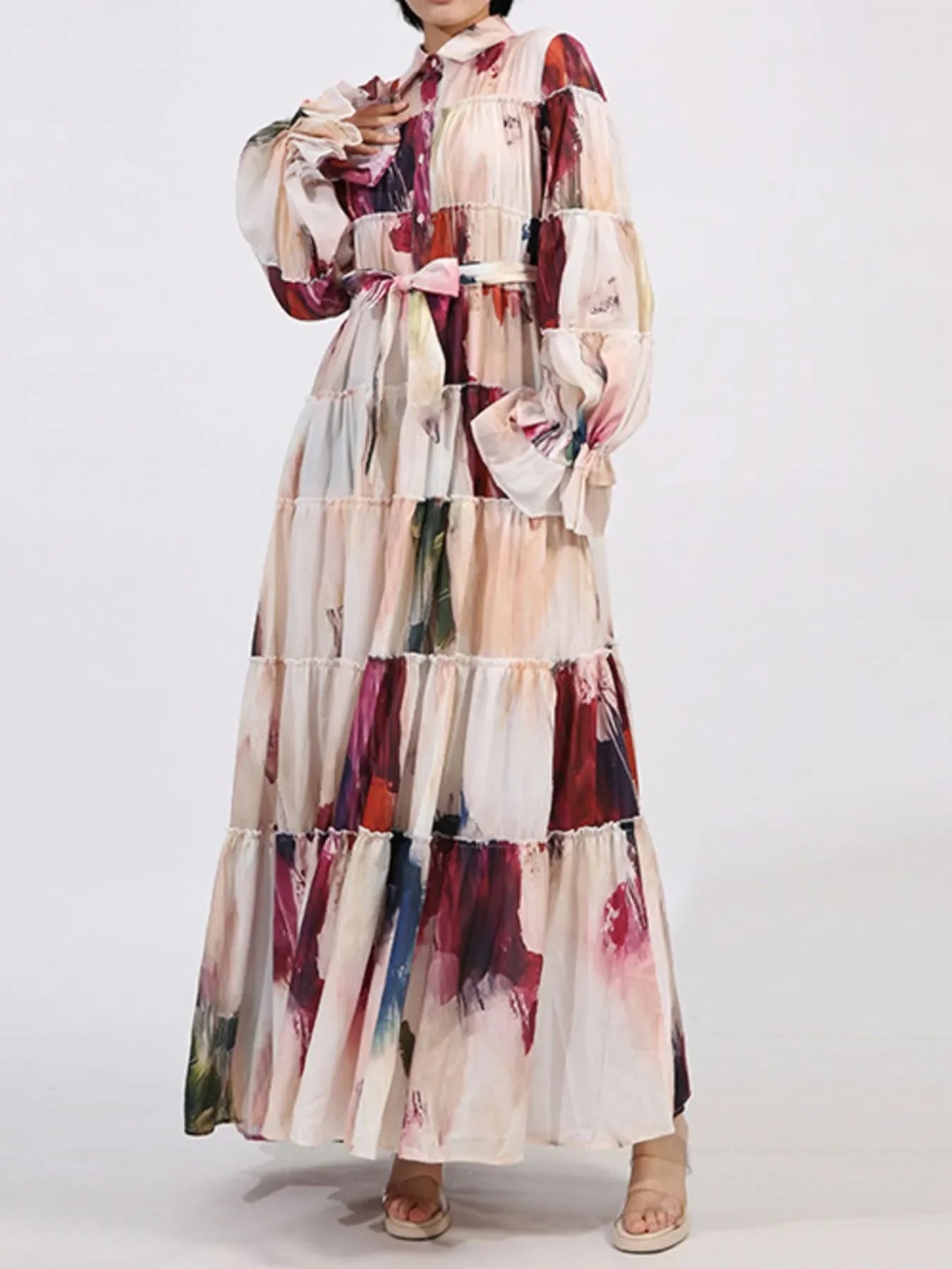 Tiered Tie Waist Maxi Dress - minbolu -