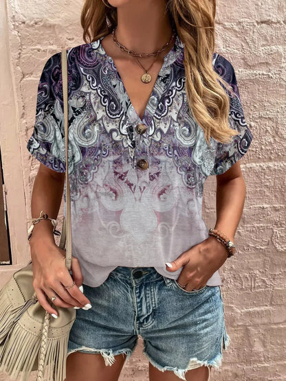 Printed Notched Short Sleeve Blouse - Stylish Design - minbolu -