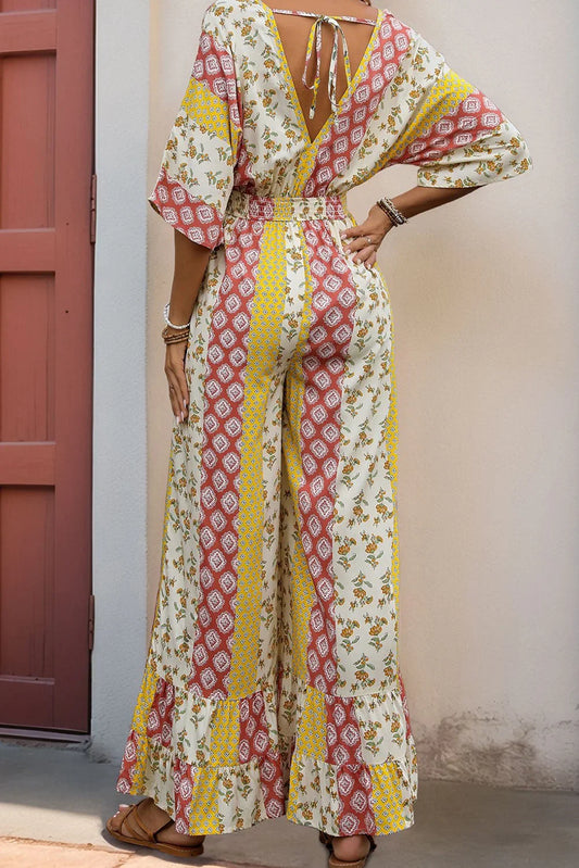 Yellow Boho V Neck Half Sleeve Patchwork Jumpsuit - minbolu -