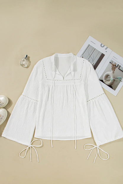 White Drawstring Lace Detail Puff Sleeve Split Neck Blouse - minbolu -