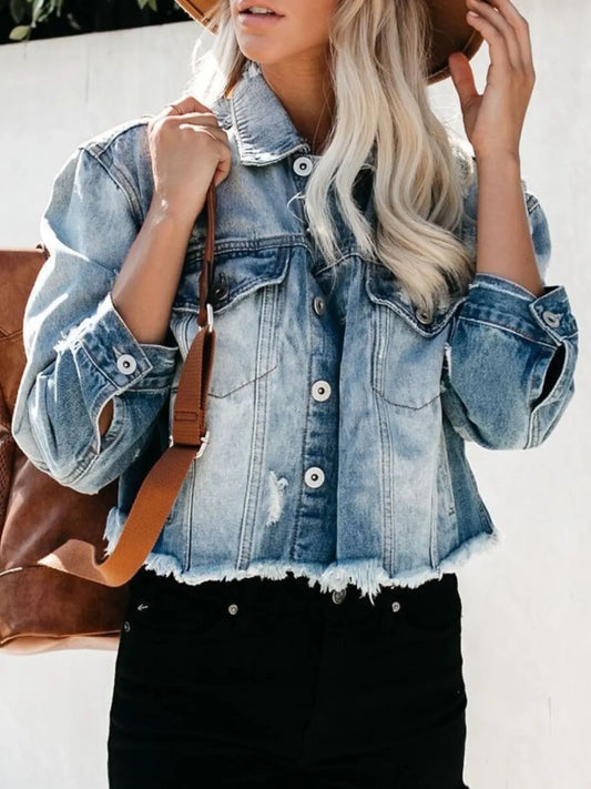 Distressed Raw Hem Denim Jacket - minbolu -