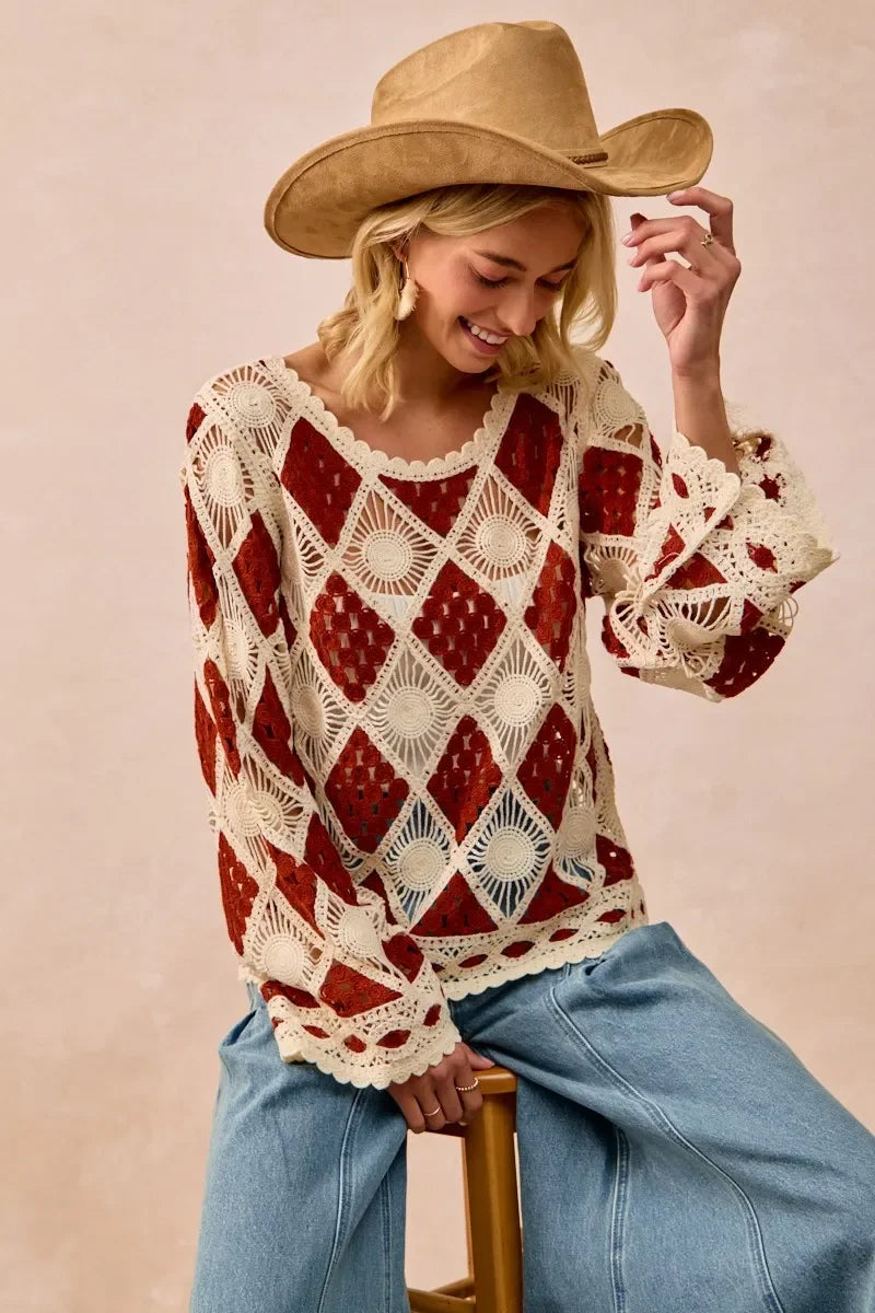 BiBi Diamond Crochet Knit Top - minbolu -
