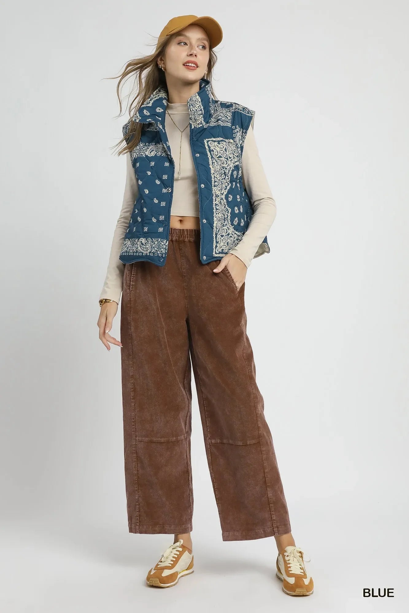 Umgee Bandana Print Quilted Puffer Vest - minbolu -