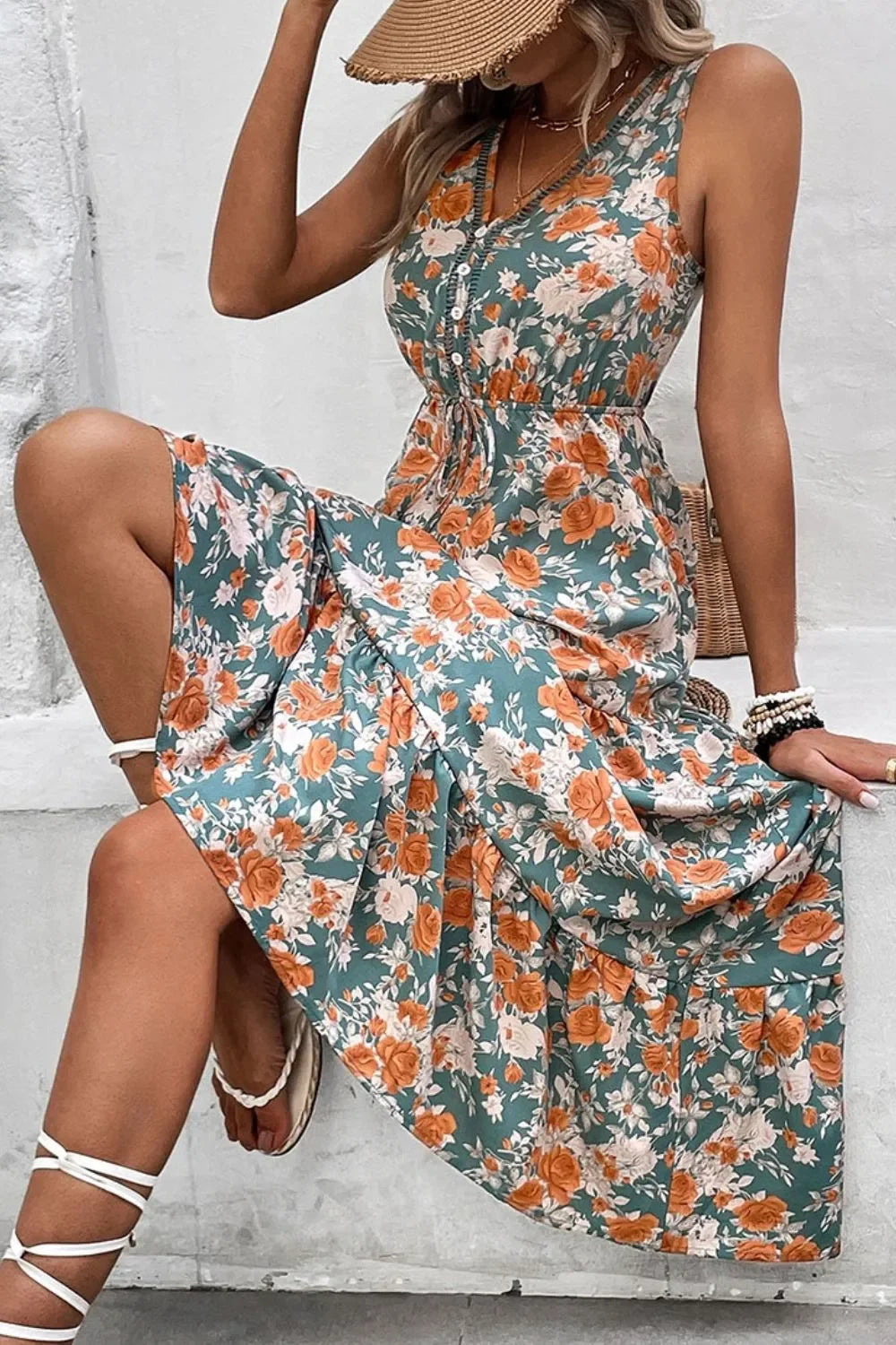 Floral Print Trimmed V Neck Tie Waist Sleeveless Dress - minbolu -