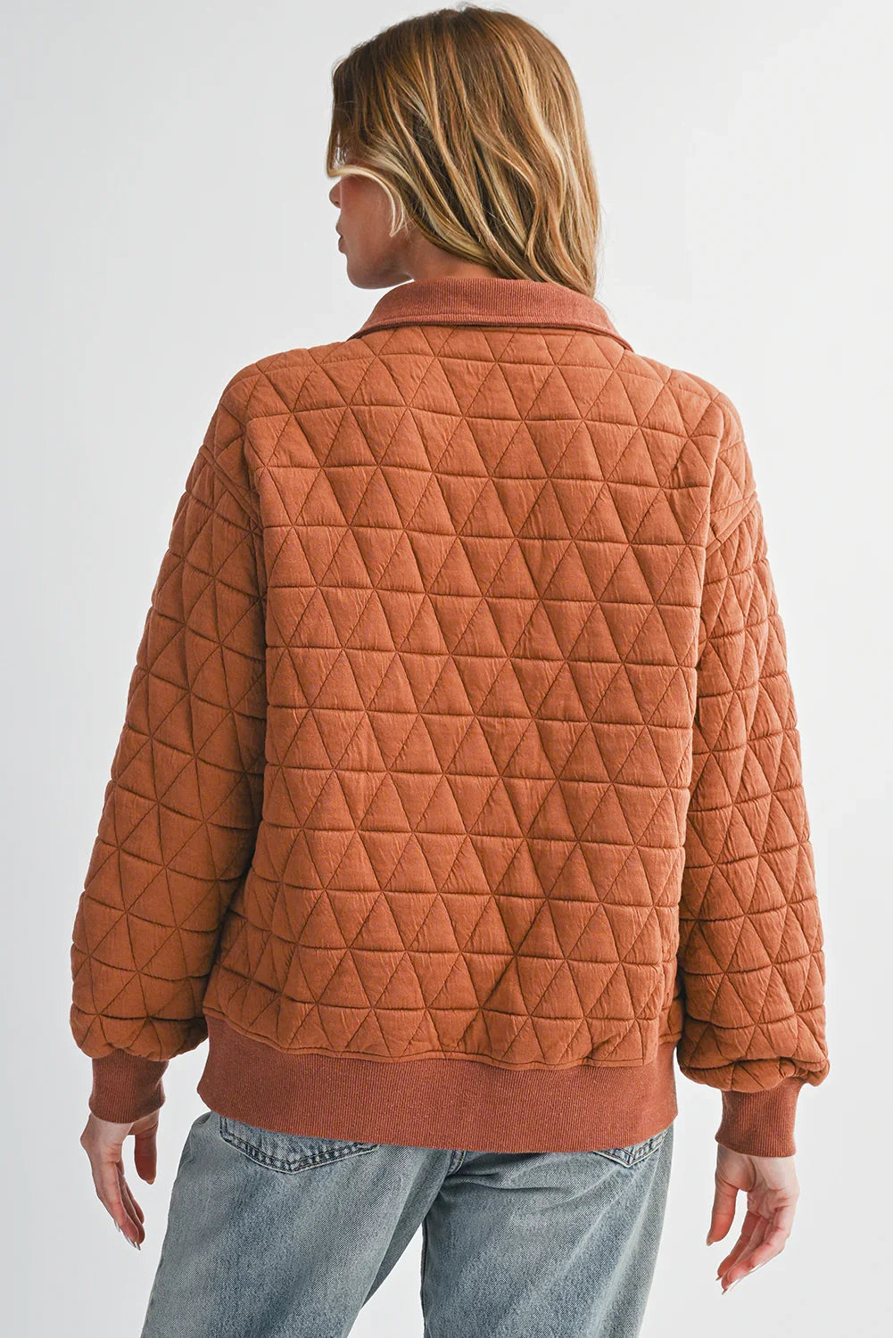 Straw Yellow Textured Zipper Neck Long Sleeve Pullover Sweatshirt - minbolu -