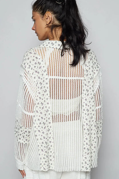 POL Floral Crochet Patchwork Long Sleeve Shirt - minbolu -