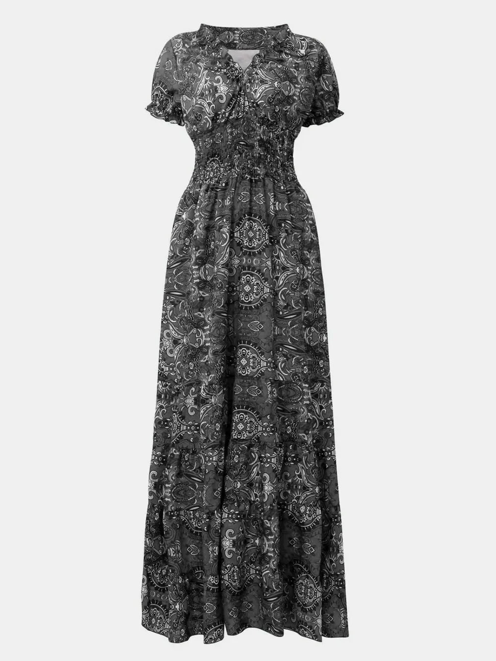 Full Size Smocked Printed V-Neck Short Sleeve Dress - minbolu -