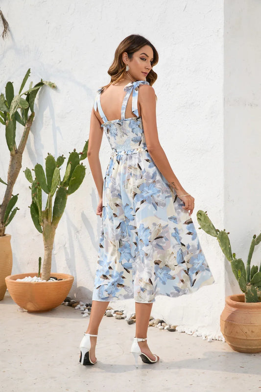 Printed Square Neck Midi Dress - minbolu -