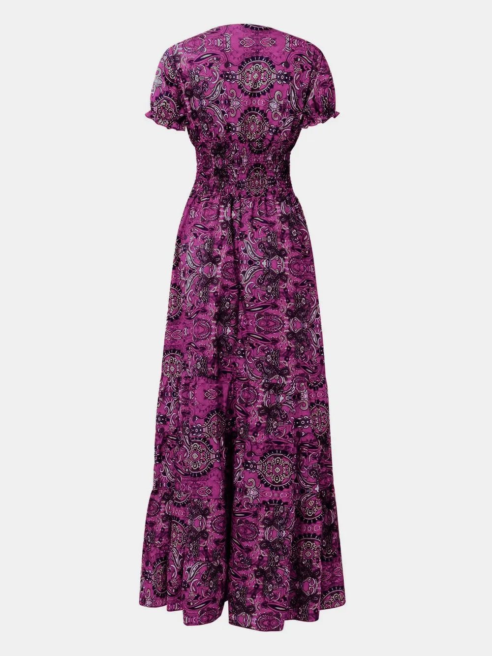 Full Size Smocked Printed V-Neck Short Sleeve Dress - minbolu -