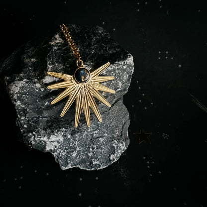 Dark Before the Dawn Sunburst Pendant Necklace with Copper Lapis Lazuli - minbolu