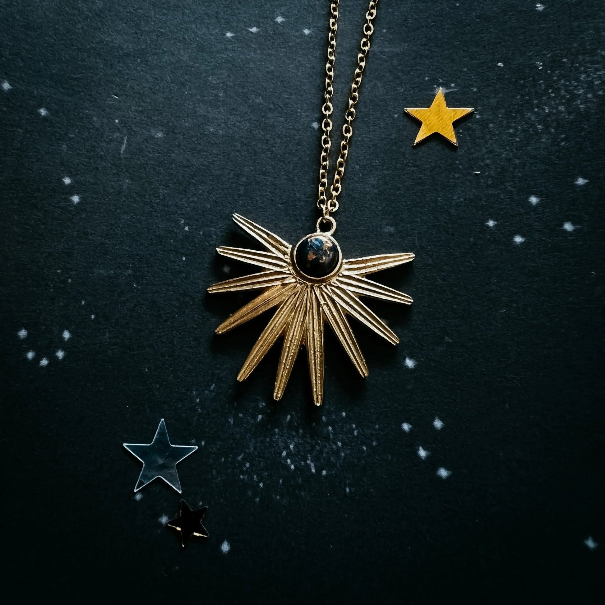 Dark Before the Dawn Sunburst Pendant Necklace with Copper Lapis Lazuli - minbolu