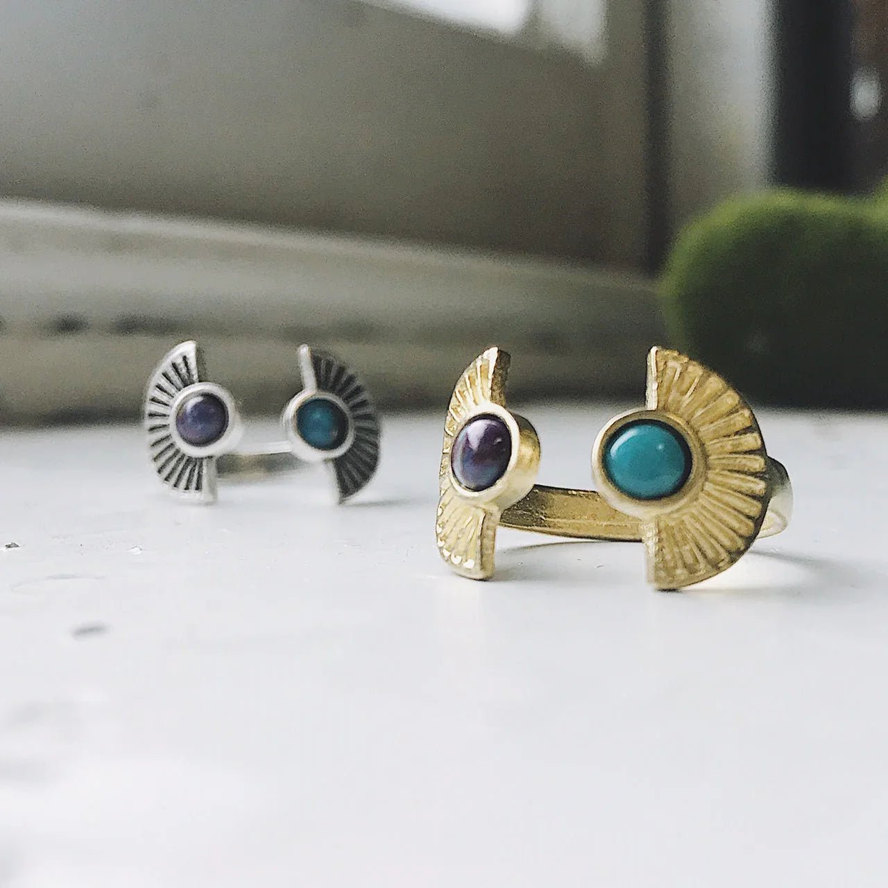 Dawn to Dusk - Two Stone Turquoise Boho Sunburst Ring - minbolu