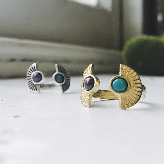 Dawn to Dusk - Two Stone Turquoise Boho Sunburst Ring - minbolu
