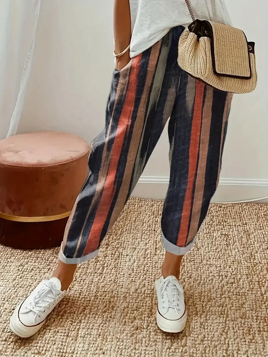 Striped Pocketed Elastic Waist Pants - minbolu -