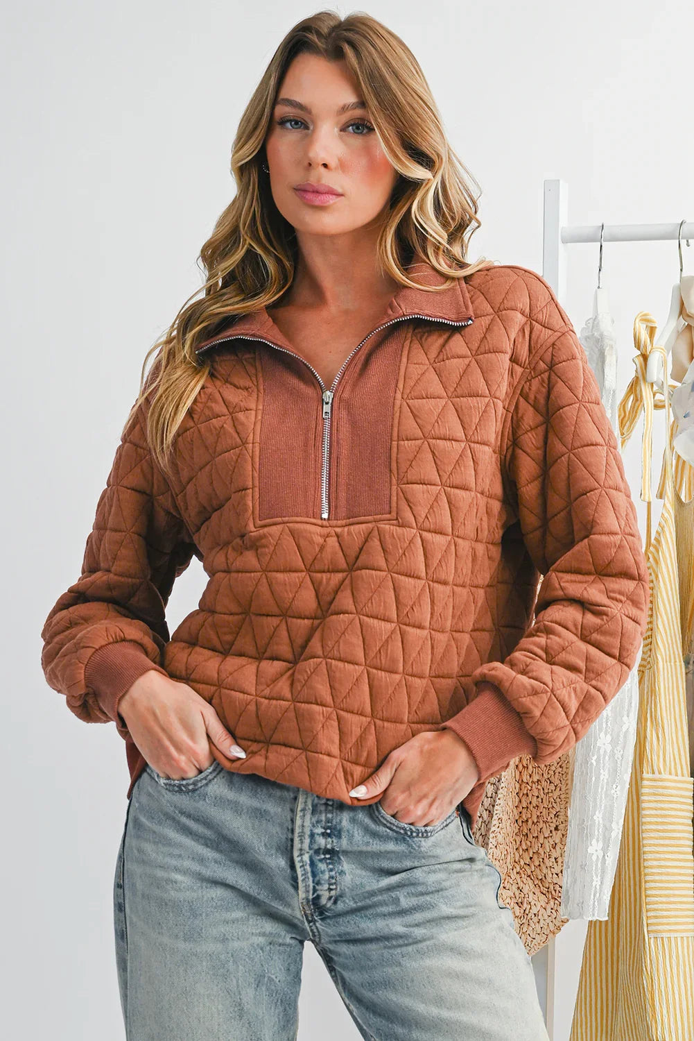 Straw Yellow Textured Zipper Neck Long Sleeve Pullover Sweatshirt - minbolu -