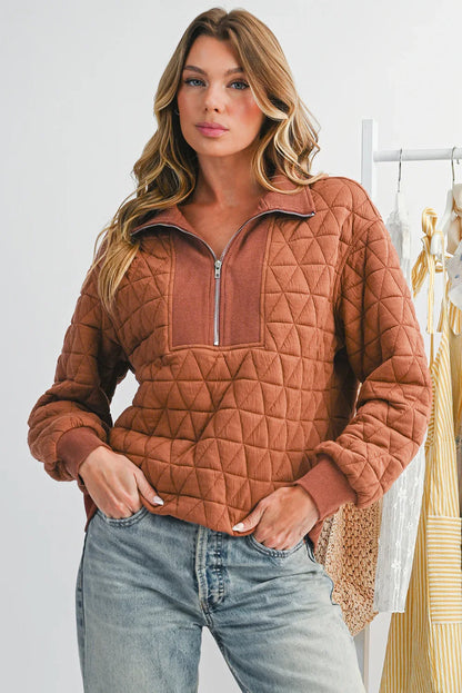 Straw Yellow Textured Zipper Neck Long Sleeve Pullover Sweatshirt - minbolu -