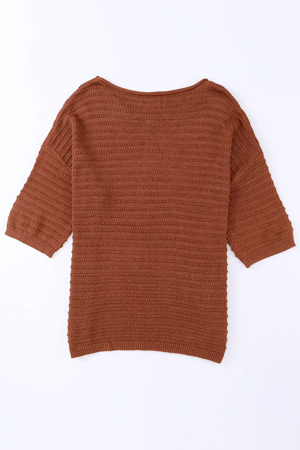 Brown Solid Color Rib-Knit Drop Sleeve Side Slits Top - minbolu -