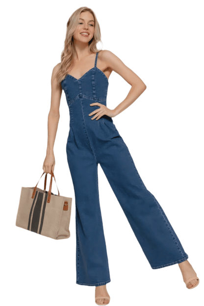 Deep Denim Cami Stretch Jumpsuit | Stylish & Comfortable - minbolu