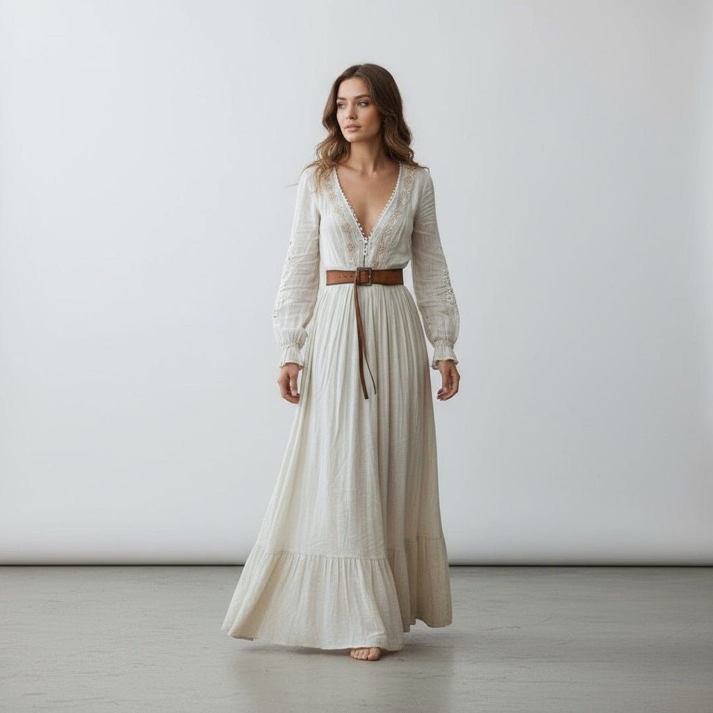 Deep V-Neck Long Sleeve Boho Maxi Dress - Flowing Lightweight Dress - minbolu -