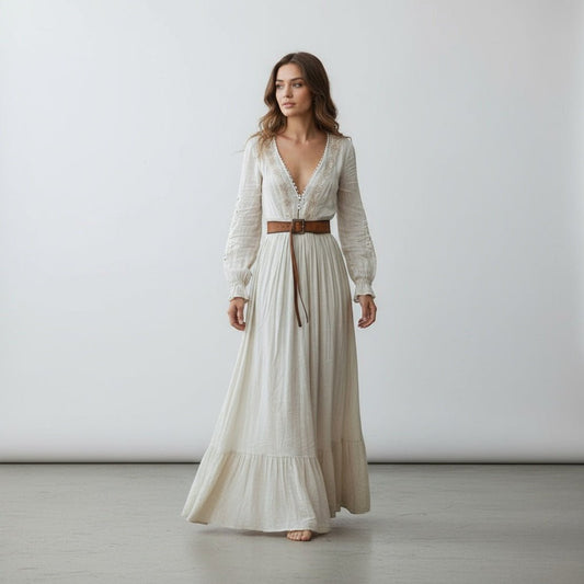 Deep V-Neck Long Sleeve Boho Maxi Dress - Flowing Lightweight Dress - minbolu -