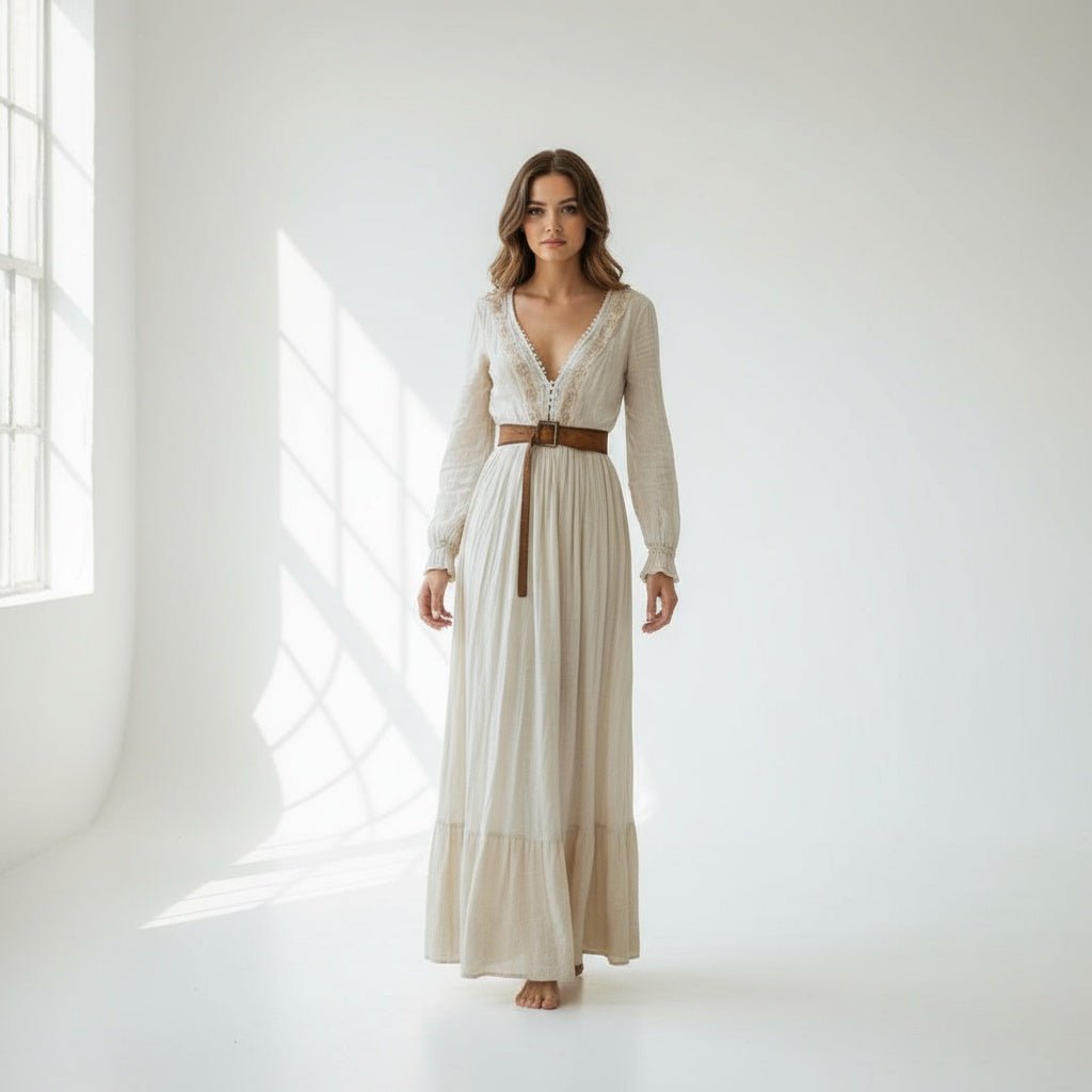 Deep V-Neck Long Sleeve Boho Maxi Dress - Flowing Lightweight Dress - minbolu -