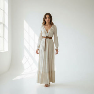 Deep V-Neck Long Sleeve Boho Maxi Dress - Flowing Lightweight Dress - minbolu -